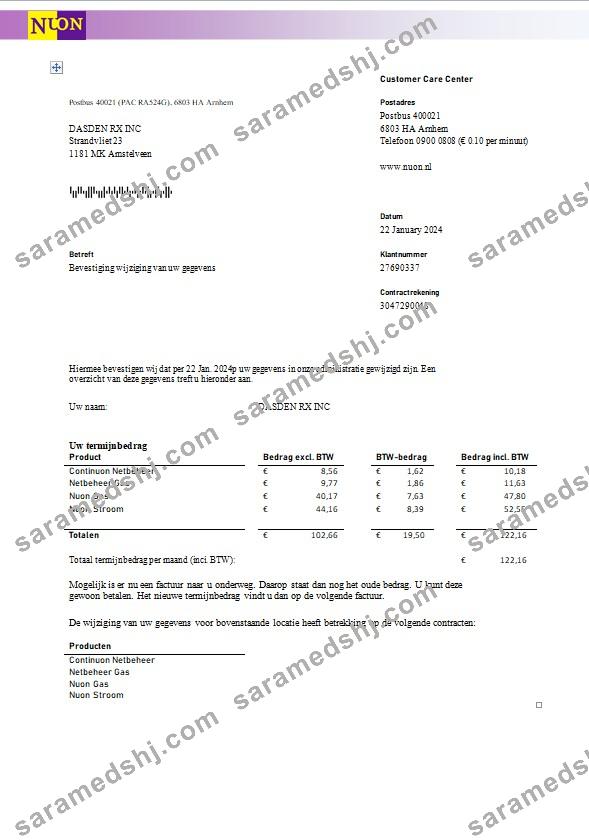 Netherlands NUON gas business utility bill template in Word and PDF format in Dutch language